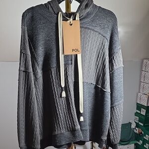 POL Charcoal Gray Crewneck Hoodie Sweater with Cream Drawcords